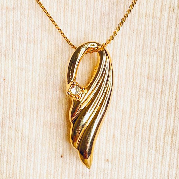 Gold Tone Pendant Brooch Scatter Pin Wing Shape Solitary Tiny Clear Stone - Picture 3 of 7